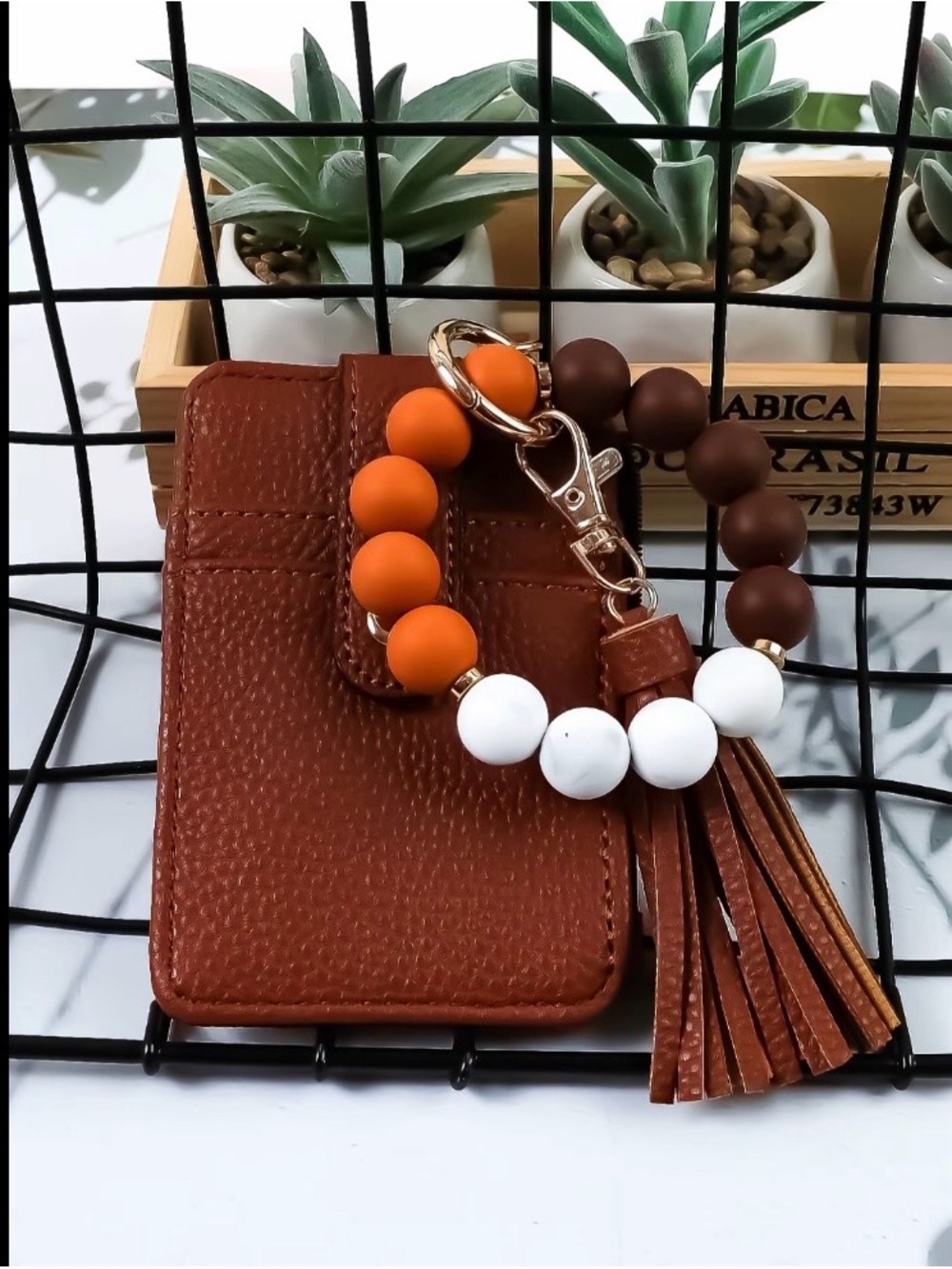 Dark Brown Leather Wristlet Keychain with Orange and White Beads